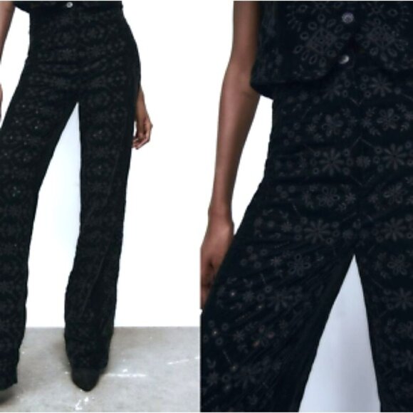 Zara Pants - NWT Zara The Alina velvet embroidered eyelet wide leg pants black size S